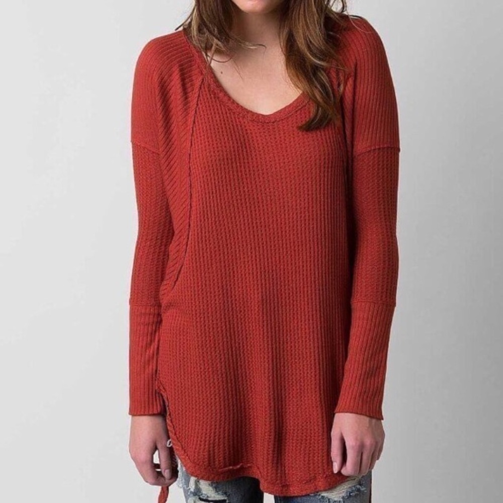 Free People Boho Oversize Ventura Drippy Thermal High Low Orange Red Tunic XS